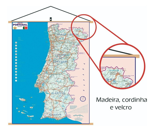 Mapa Portugal Politico Turístico Banner Com Cordinha